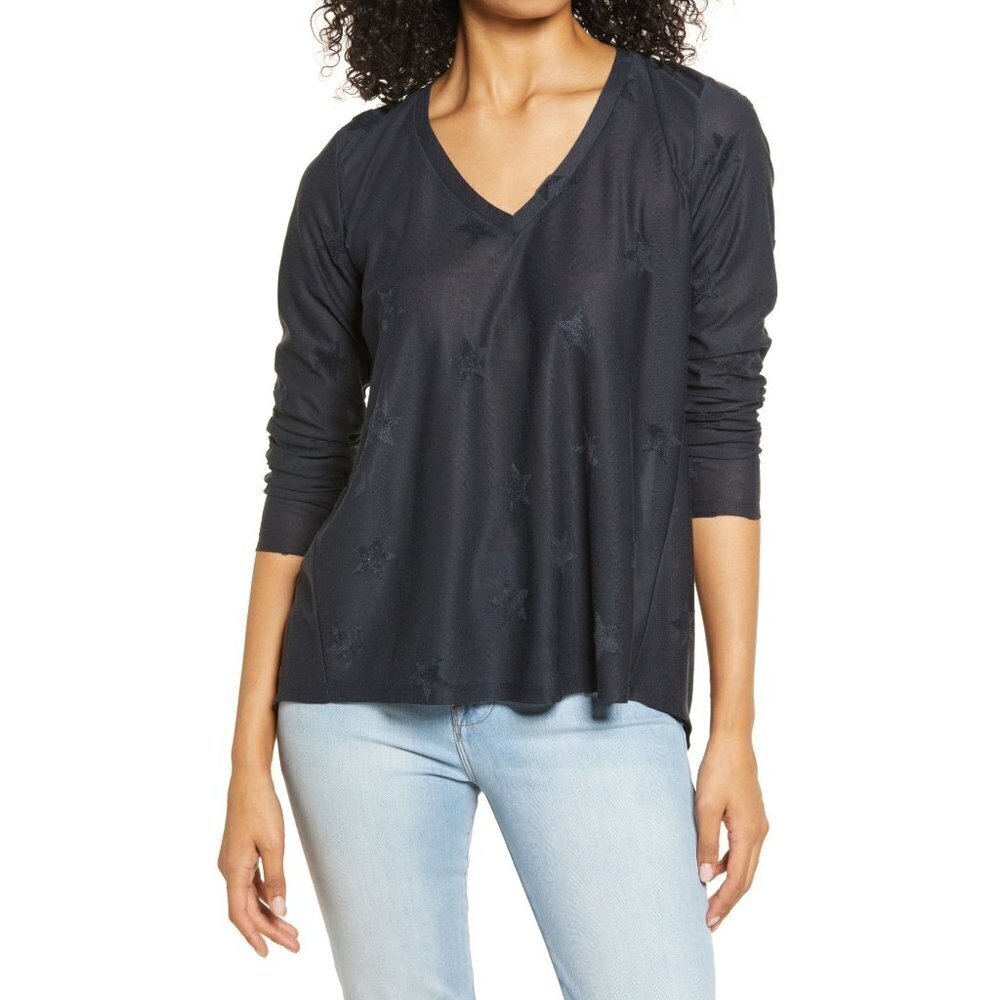 New Bobeau Small Flocked V Neck Stars Top Long Sleeve Denim Blue Womens NWT